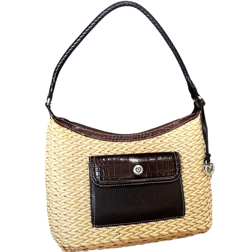 Brighton Edna Woven Straw Wicker Tan Brown Leather Shoulder Hobo Bag